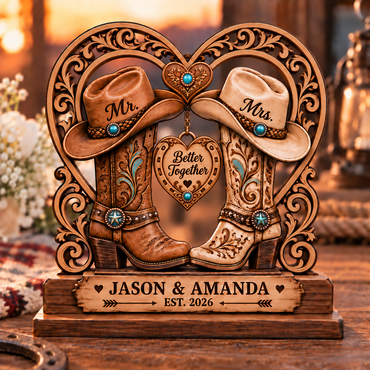Personalized Western Cowboy Boots Wooden Plaque – Mr & Mrs Keepsake