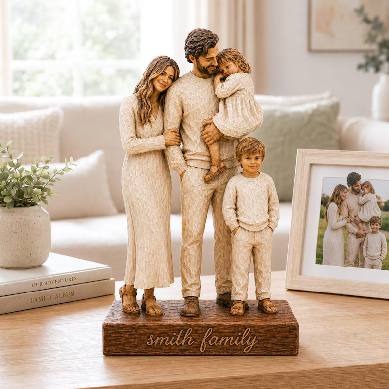 Personalized Wooden Photo Figurine – Custom Couple or Family Portrait Statue