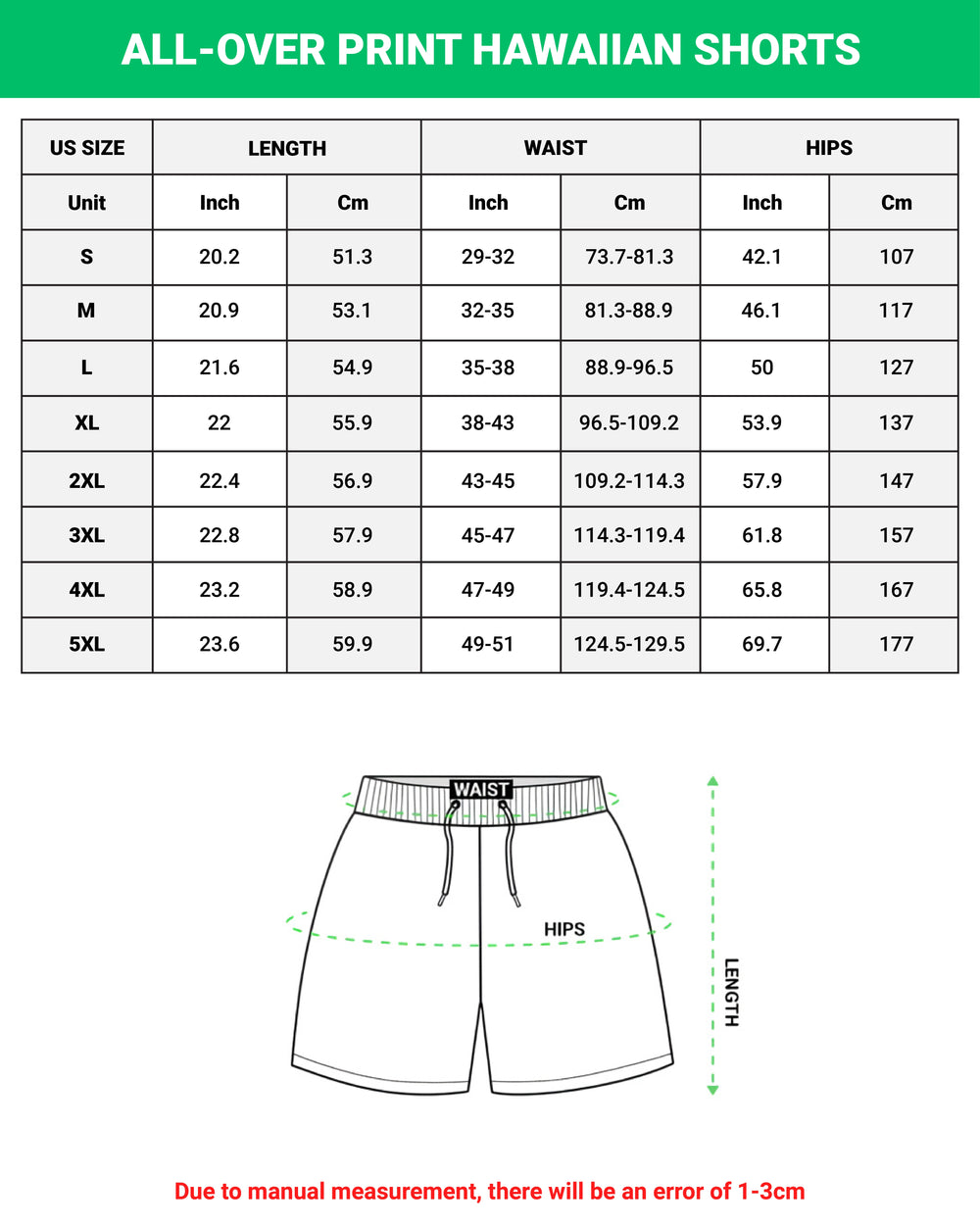 Hawaiian Shorts size chart