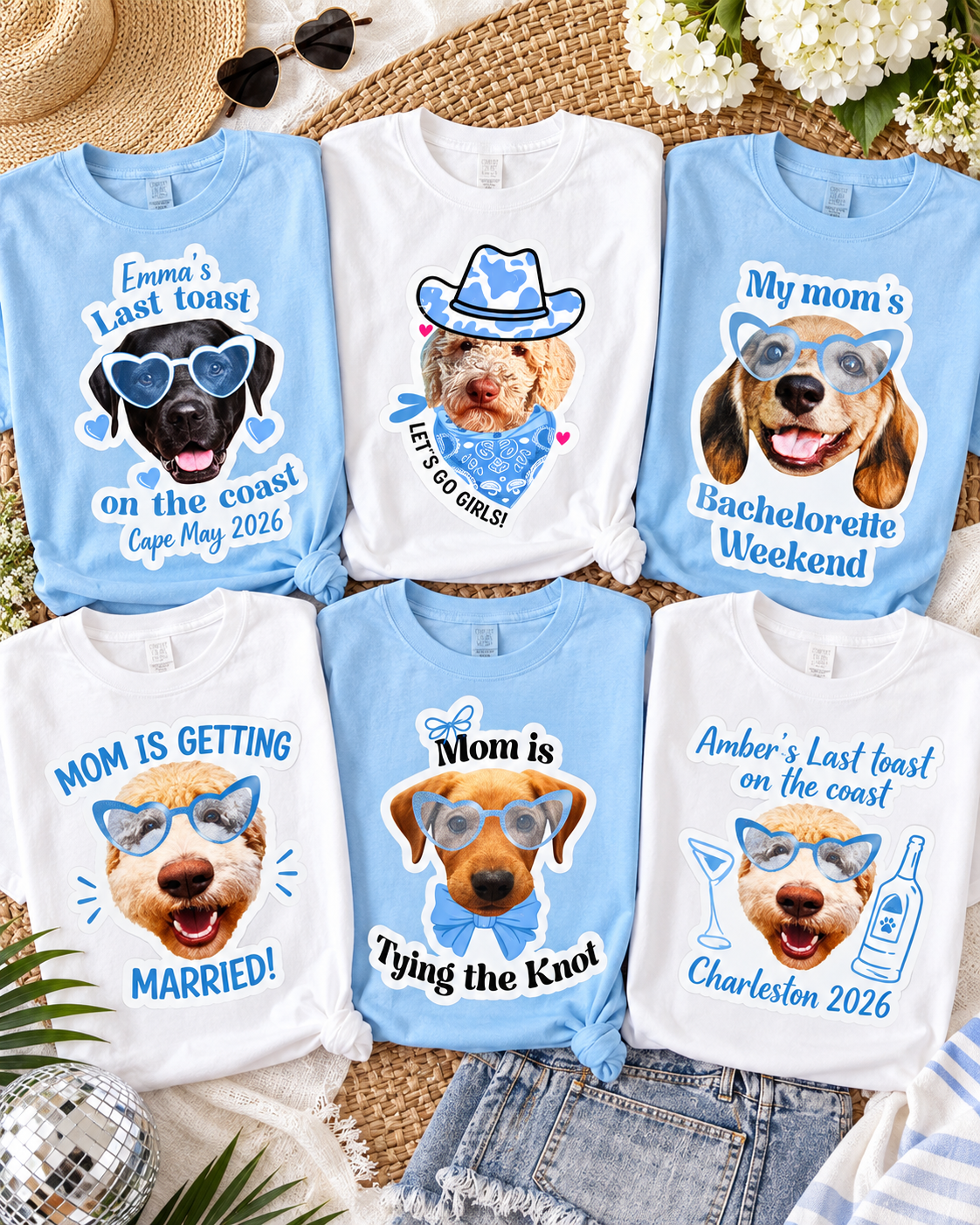 Personalized dog mom bachelorette Comfort Colors tees with five matching designs