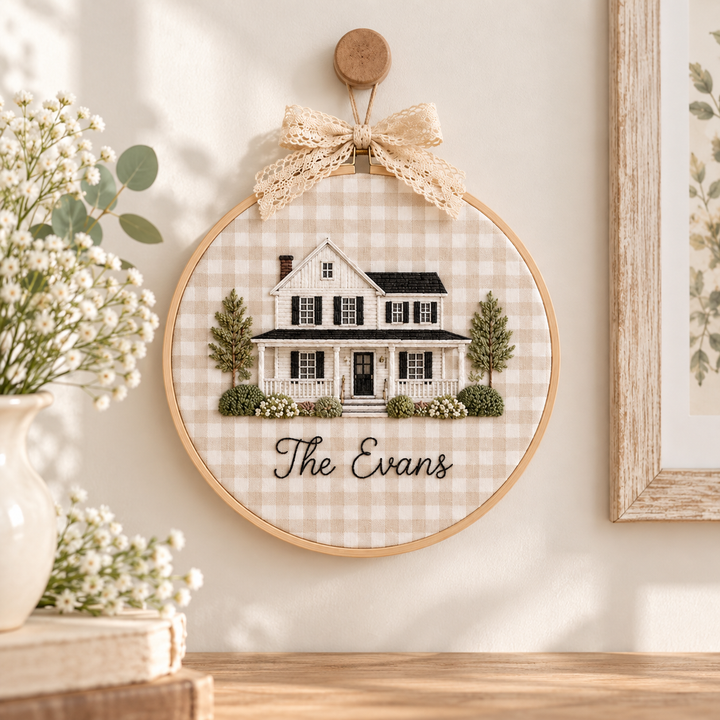 Personalized Family Home Embroidery Hoop, Custom House Portrait Wall Art, Cottage Floral Decor, Housewarming Gift with Pink Bow