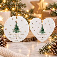 Personalized First Christmas Married Ornament, Custom Couple Names and Wedding Date, Round or Heart Ornament, Newlywed Gift