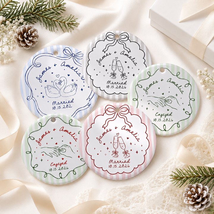 Personalized Ceramic Ornament for Engaged Couples, Custom Names & Date Engagement Keepsake, Wedding Gift for Bride & Groom