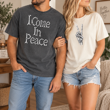 Funny Dirty Couples Shirts, I Come In Peace Skeleton Matching Tees, Spooky Halloween Couple Gift, Inappropriate Humor Tshirts Bred N Fed
