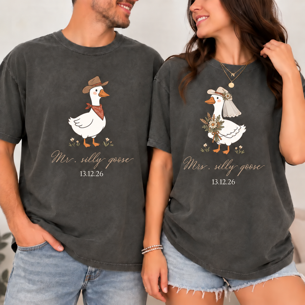 Personalized Mr. & Mrs. Silly Goose Couple Comfort Colors Tee mockup 5