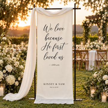 Personalized Wedding Tapestry for Christian Wedding Ceremony, 1 John 4:19 Fabric Banner, Custom Couple Names & Date Wedding Decor