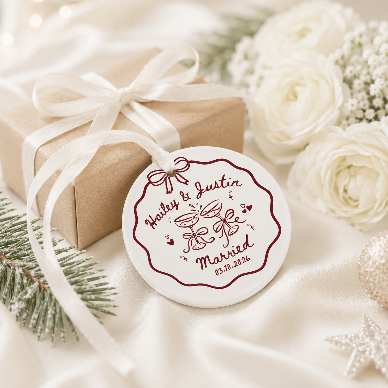 Personalized Engagement Ceramic Ornament for Couples, Custom Names & Date Keepsake, Wedding Gift for Bride & Groom