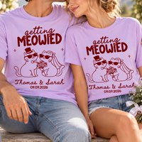 Personalized Getting Meowied Wedding Shirts, Custom Names and Date Cat Couple Tees, Matching Bride and Groom Gift