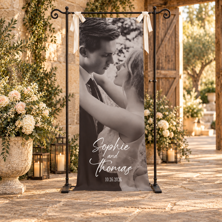Linen Photo Wedding Banner Fabric Welcome Sign ,Personalized Bridal Shower Decor Engagement Party Rehearsal Dinner Reception Decor