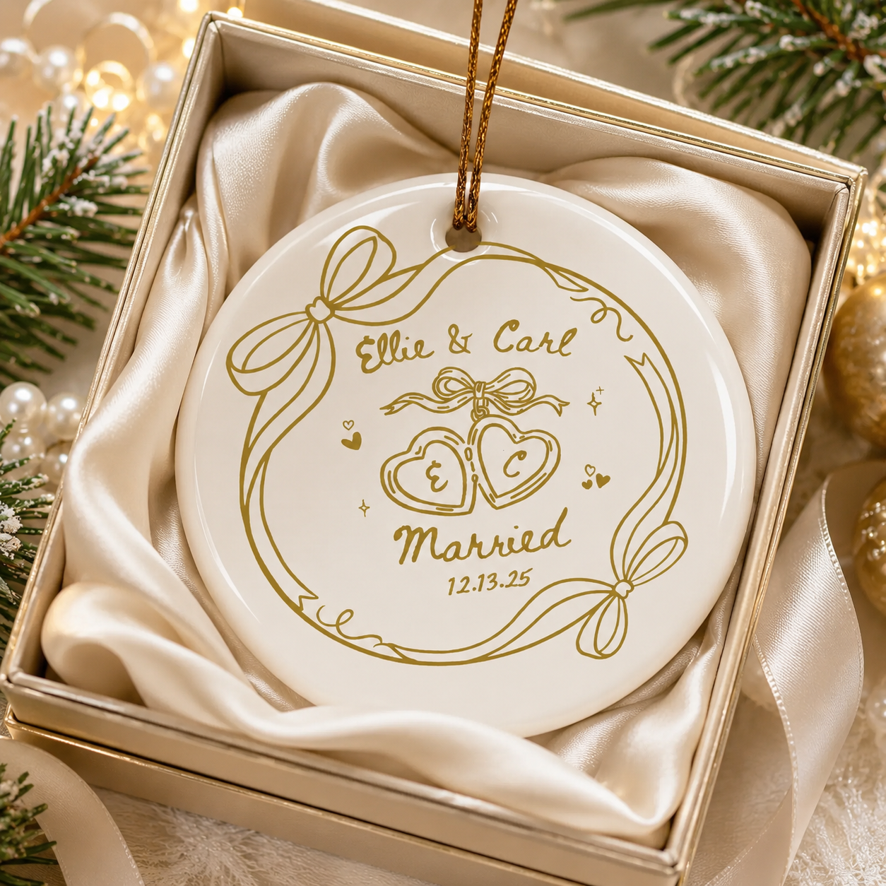 Personalized Engagement Ceramic Ornament for Couples, Custom Names & Date Keepsake, Wedding Gift for Bride & Groom