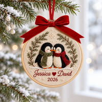 Personalized Couple Christmas Embroidered Ornament, Custom Names Penguin Hoop Decor, Romantic Keepsake 2026, Gift for Couple