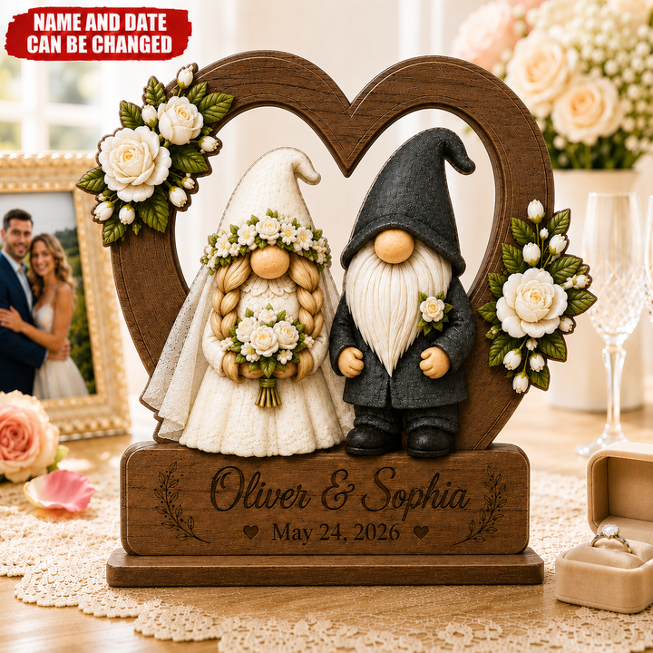 Personalized Gnome Wedding Wooden Plaque - Gift for Couple, Custom Wedding, Wedding Anniversary Gift