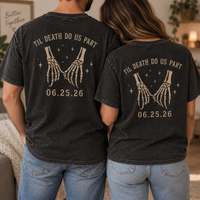 Personalized Till Death Do Us Part Skeleton Couple Shirts, Custom Wedding Date Bride Groom Tees, Gothic Newlywed Matching Shirts