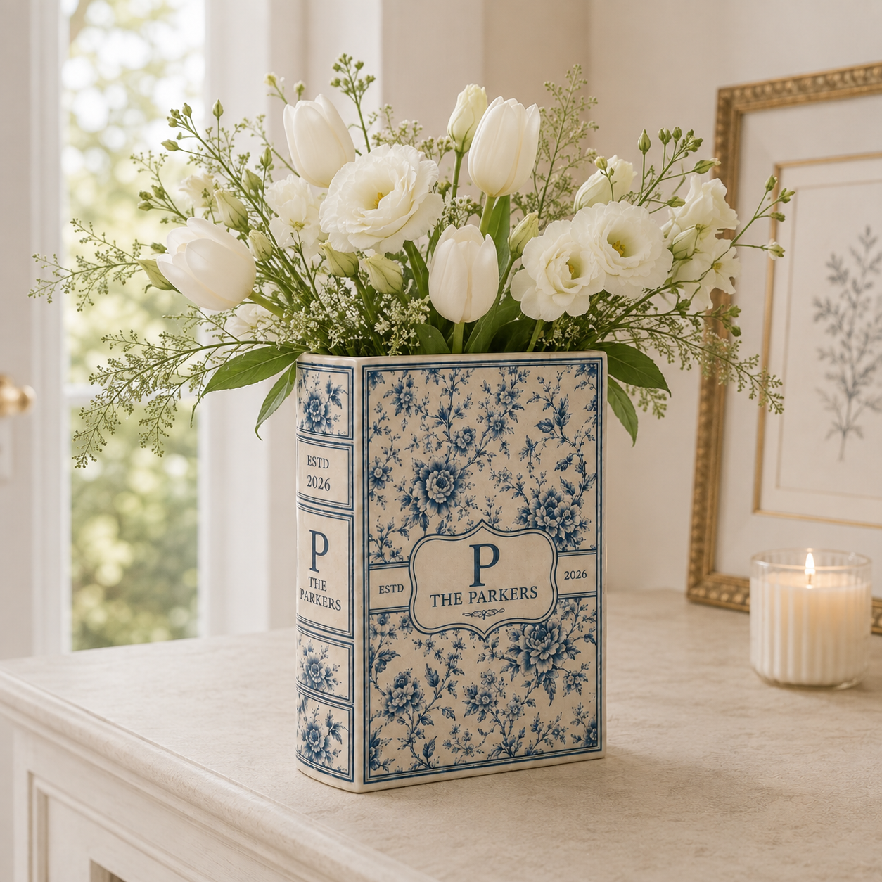 Custom Toile Monogram Ceramic Book Vase, Last Name Floral Vase, Housewarming Gift for Newly Married Couple Family Keepsake