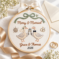 Personalized Merry & Married Goose Christmas Ornament, Custom Wedding Couple Embroidery Hoop