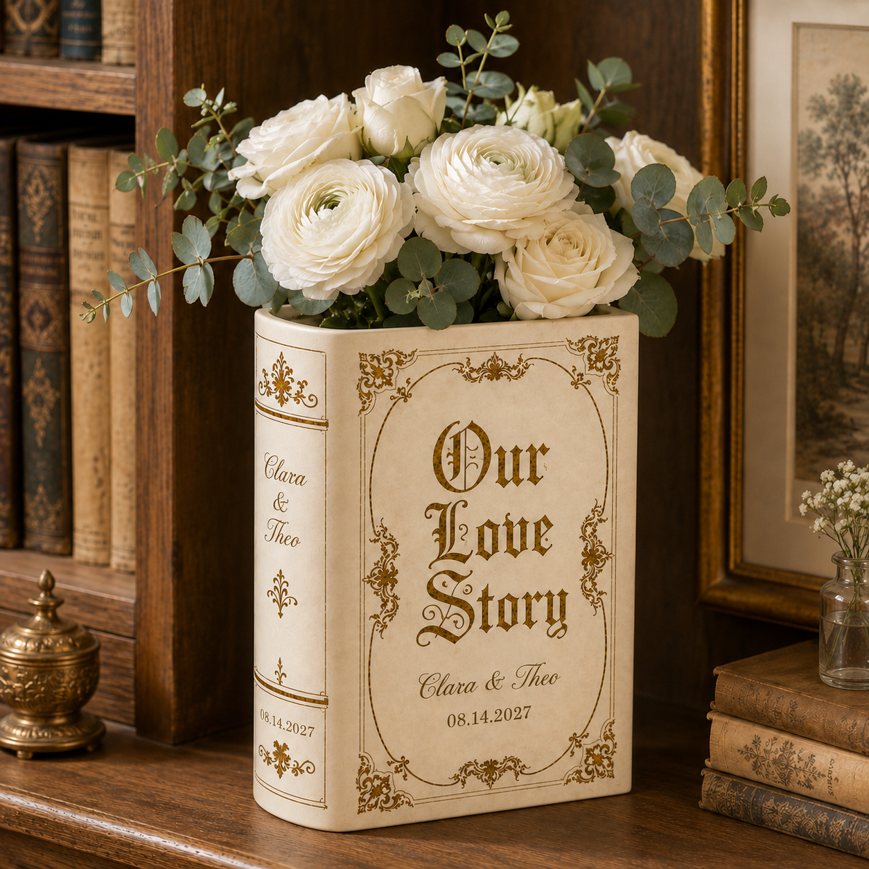 Personalized Vintage Wedding Book Vase & Jewelry Dish Set, Custom Couple Names & Wedding Date Flower Vase, Romantic Centerpiece,  Couple Keepsake