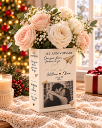 One year anniversary photo book vase displayed beside a gift