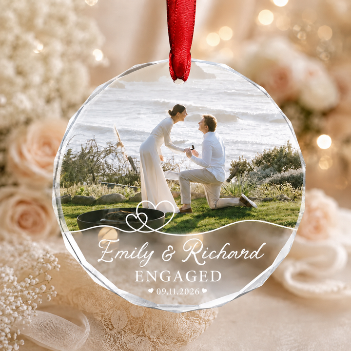 Personalized Engagement Photo Glass Ornament, Custom Couple Names & Date Ornament for Engagement Gift, Proposal Keepsake, Engaged Christmas Ornament