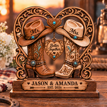 Personalized Western Cowboy Boots Wooden Plaque, Custom Mr & Mrs Wedding Keepsake, Engagement & Anniversary Gift for Couples