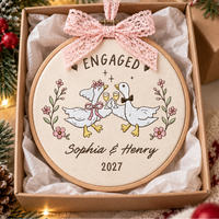 Personalized Embroidered Wedding Goose Ornament, Custom Names Year, First Christmas Hoop, Funny Engagement Gift,Silly Geese Engaged Keepsake