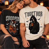 Personalized Creepin’ Together Couple Shirts, Custom Year Skeleton Halloween Tees, Matching Spooky Gift