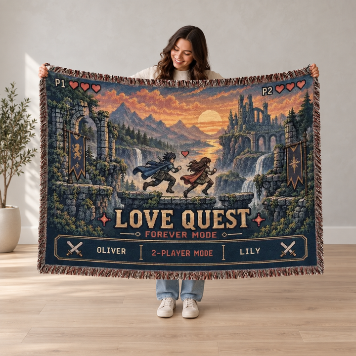 Personalized Gaming Couple Woven Blanket, Custom Player Names Throw, Retro Pixel Art Wedding Gift, Fantasy Gamer Anniversary Keepsake