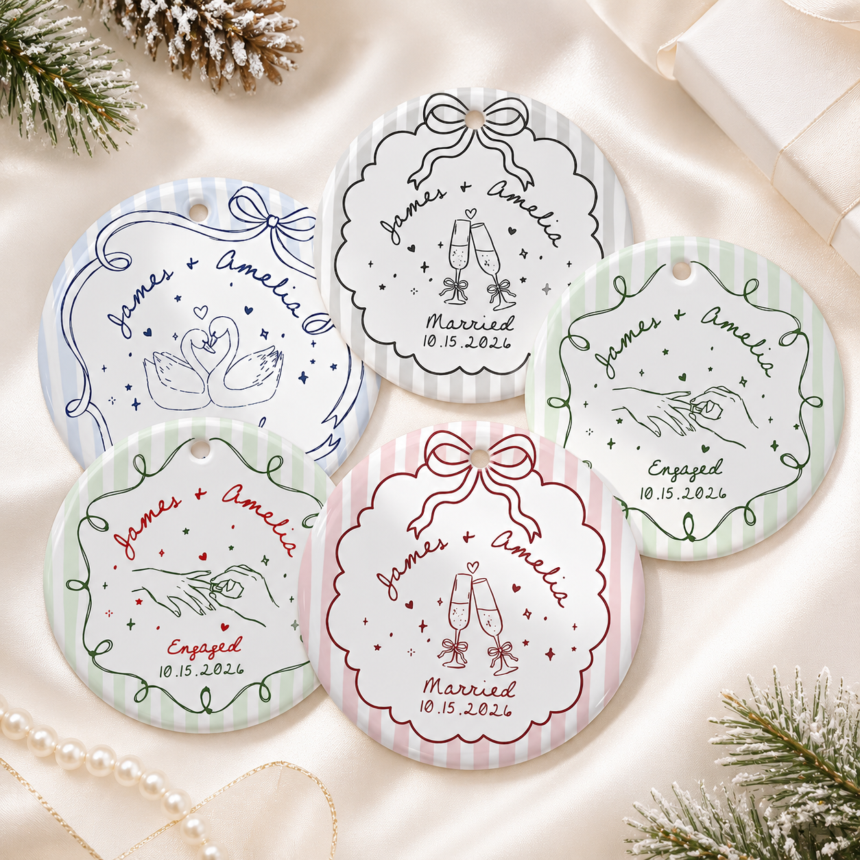 Personalized Ceramic Ornament for Engaged Couples, Custom Names & Date Engagement Keepsake, Wedding Gift for Bride & Groom