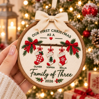 Personalized Embroidered Family of Three Christmas Ornament, Custom New Family Ornament, Baby's First Christmas Gift, Family Bauble Keepsake