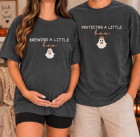 Halloween Pregnancy Couple Shirts for Expecting Parents, Brewing & Protecting a Little Boo Tees, Spooky Baby Announcement Gift