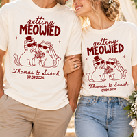 Personalized Getting Meowied Wedding Shirts, Custom Names and Date Cat Couple Tees, Matching Bride and Groom Gift
