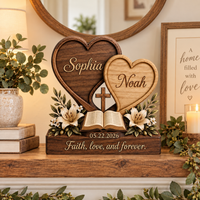 Personalized Christian Couple Wooden Block, Custom Faith Couple Gift, Interlocking Heart Bible Cross Tabletop Decor, Wedding Gift for Couple