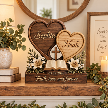 Personalized Christian Couple Wooden Block, Custom Faith Couple Gift, Interlocking Heart Bible Cross Tabletop Decor, Wedding Gift for Couple