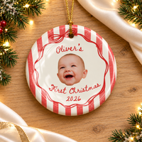 Personalized Striped Baby Photo Ornament – Baby's First Christmas