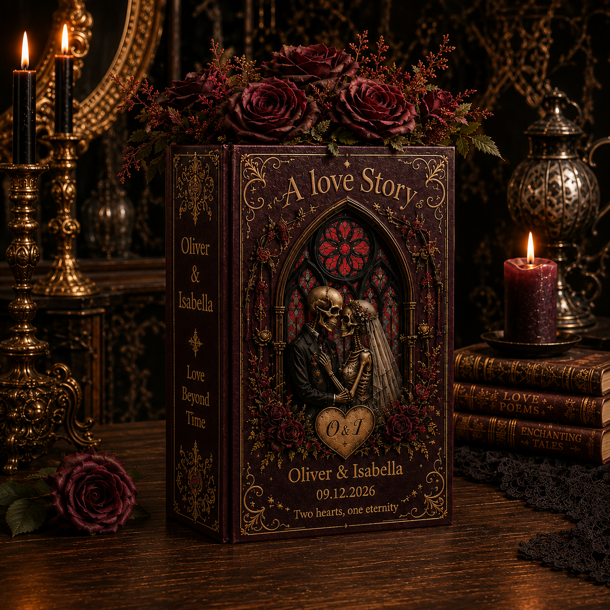 Personalized Gothic Wedding Book Vase, A Love Story Skeleton Couple Vase, Custom Names and Date, Engagement Wedding or Anniversary Gift