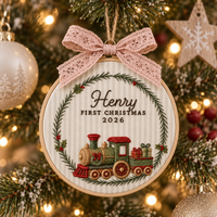 Personalized Train Wreath Ornament, Embroidered Train Baby First Christmas Name Hoop, Baby 1st Christmas Ornament, Baby Shower Gift