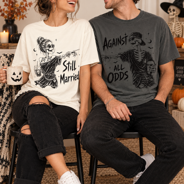 Still Married Against All Odds Shirts, Funny Matching Halloween Couple tshirt, Skeleton Husband Wife Tees, Anniversary Couple Gift Katherine