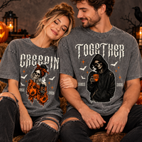Personalized Creepin’ Together Couple Shirts, Custom Year Skeleton Halloween Tees, Matching Spooky Gift