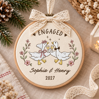 Personalized Embroidered Wedding Goose Ornament, Custom Names Year, First Christmas Hoop, Funny Engagement Gift,Silly Geese Engaged Keepsake