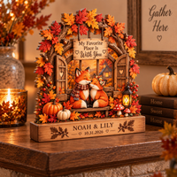 Personalized Fox Couple Wooden Block, Custom Names & Date Autumn Keepsake, Romantic Anniversary Gift for Couples