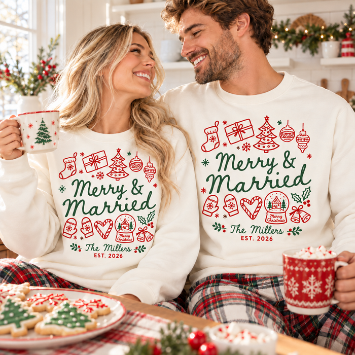 Custom Merry & Married Sweatshirt & Hoodie – First Christmas Newlywed Gift