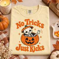 No Tricks Just Kicks Halloween Shirt – Baby Skeleton Pumpkin Tee