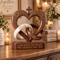 Personalized Christian Heart Cross Wooden Block, Custom Names & Wedding Date, Interlocking Rings Wedding Keepsake, Anniversary Gift for Couple