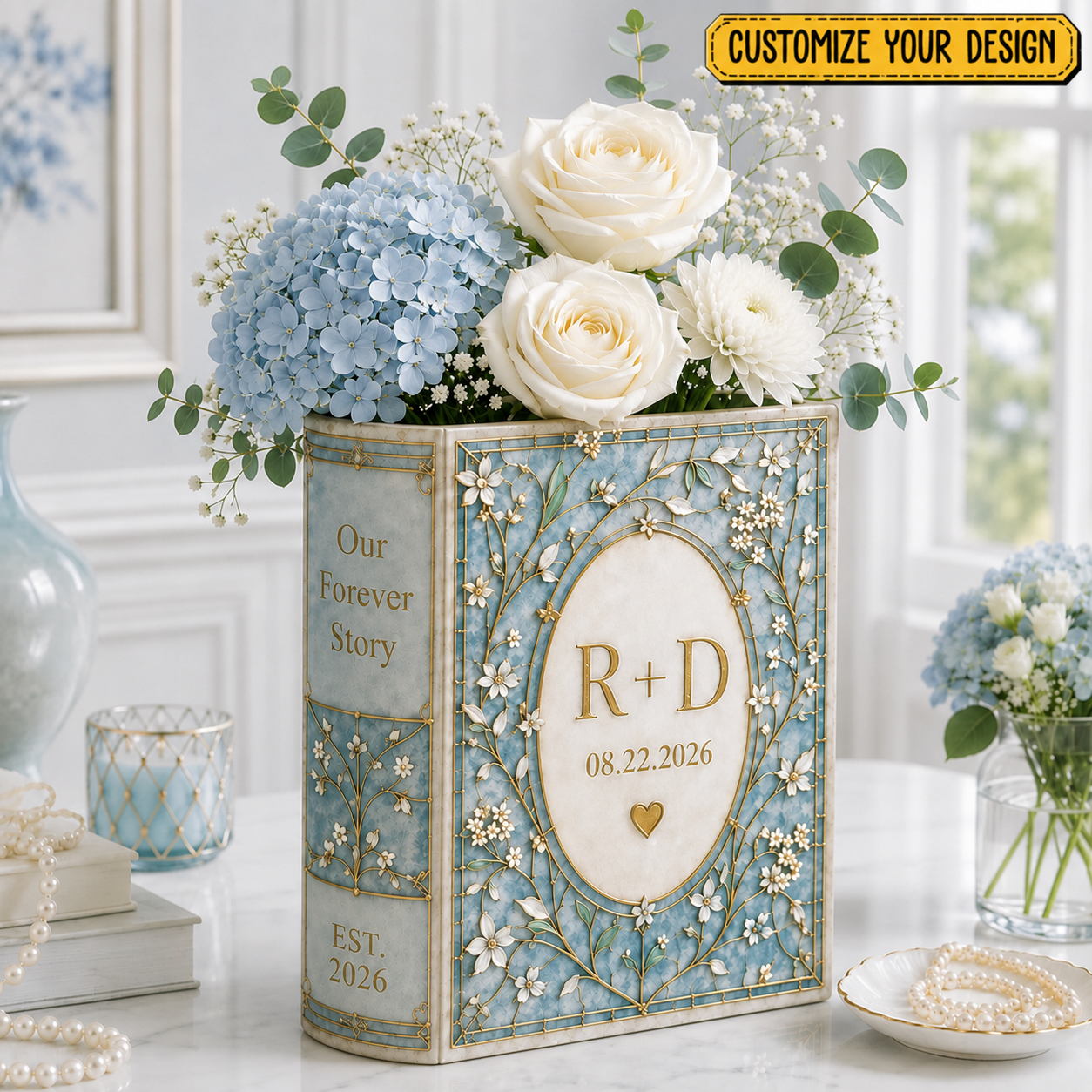 Custom Wedding Flower Vase, Personalized Ceramic Book Vase, Initials and Date Book Vase, Stained Glass Vase, Anniversary Newlywed Gift