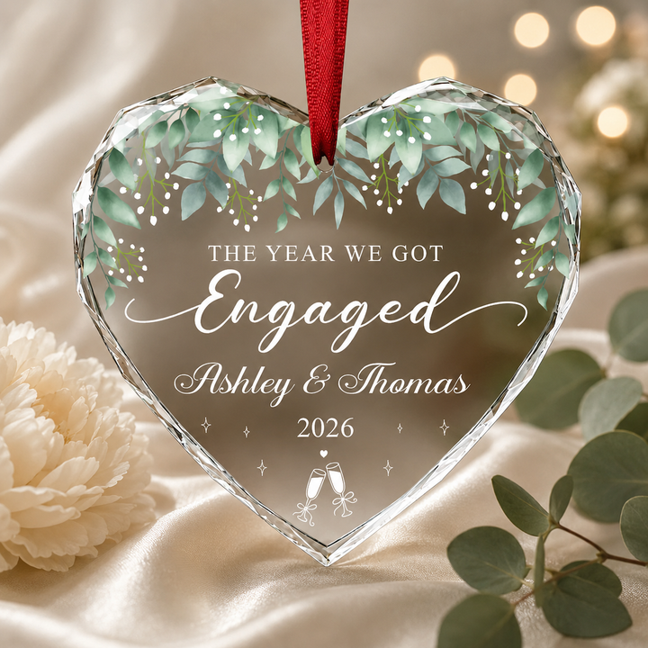 Personalized The Year We Got Engaged Ornament, Custom Couple Names and Year, Heart Glass Christmas Keepsake