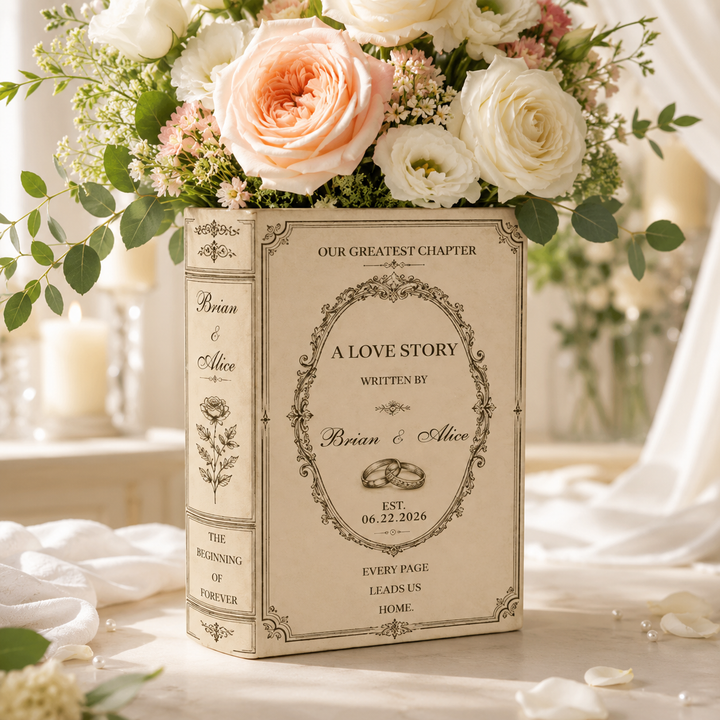 Custom Engagement Ceramic Book Vase, Wedding Gift for Couple, Wedding Flower Decor, Newlywed Gift, Engagement Decor, Custom Book Vase