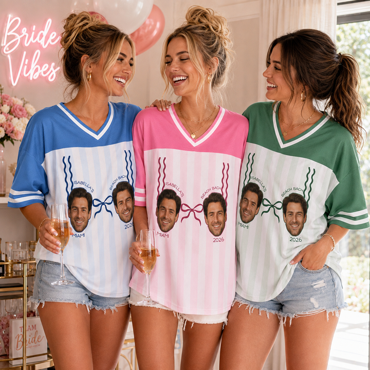 Personalized Beach Bach Football Jersey, Custom Face Photo Bride Name Location Year & Number Jersey for Bachelorette Party, Beach Wedding Weekend
