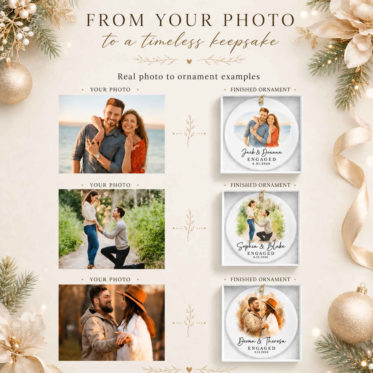 Personalized Engagement Ornament from Photo, Custom Watercolor Couple Portrait, Names & Date Keepsake Gift for Engaged Couples