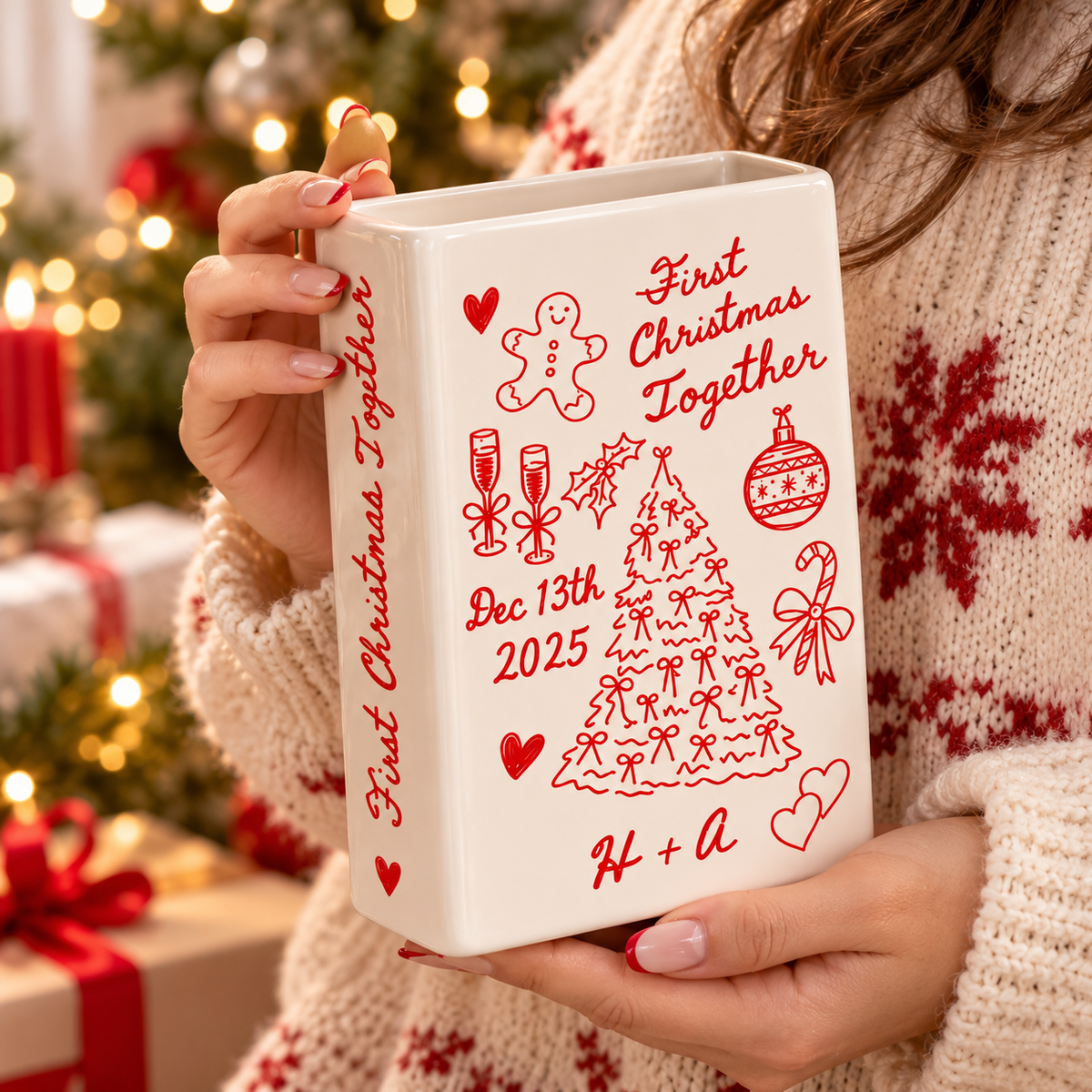 First Christmas Together book vase with custom initials and date close-up