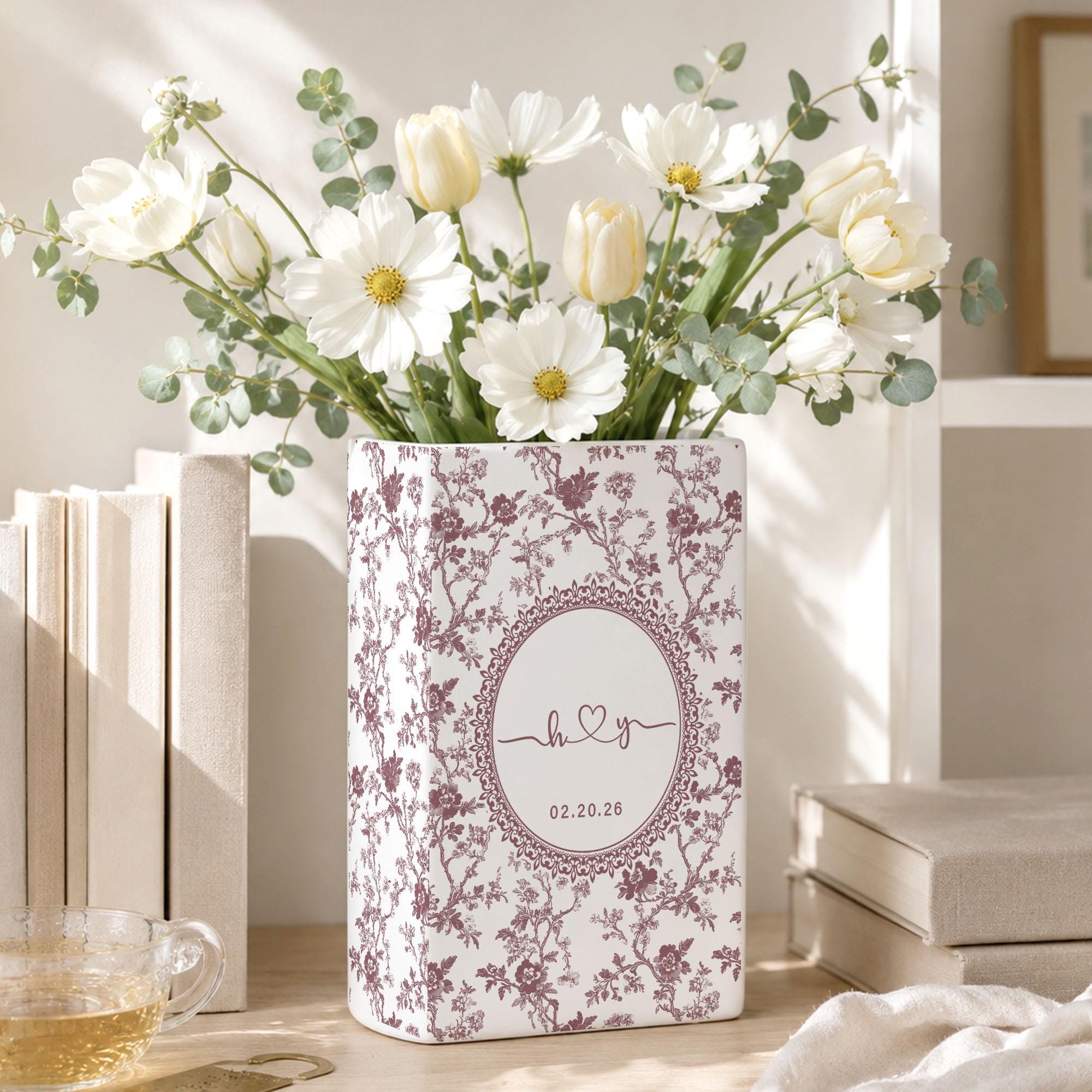 Personalized Wedding Ceramic Book Vase, Custom Wedding Vase, Toile de Jouy Vase, Couple Initial Gift, Bridal Shower Gift