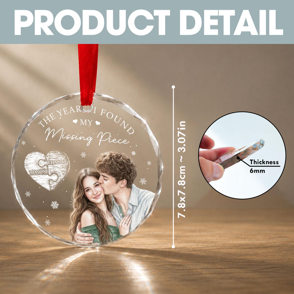 Round crystal ornament size and 6 mm thickness details